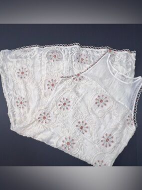 Sundance Embroidered Boho Dress Size 8 Ivory Floral Lace Trim Romantic Midi